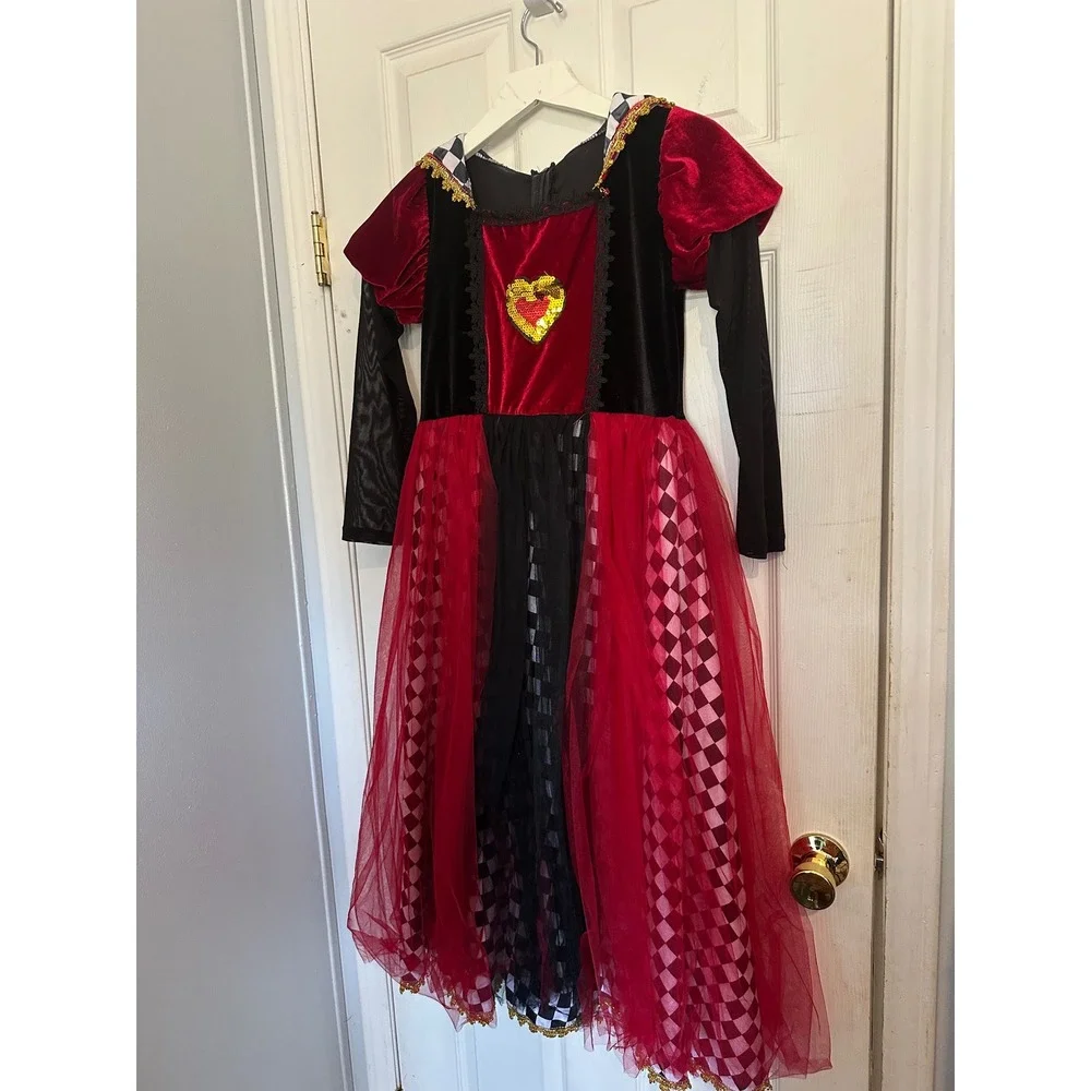 Kids Queen of Hearts Costume Dress Red Black Velvet Tulle Sequin Heart Halloween